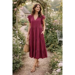 Entro Wm's M V-Neck Tiered Midi Dress w/ Pockets | Ruffle Sleeve Fairycore Boho